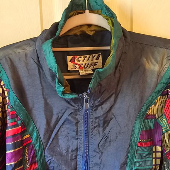 Vtg 90s Active Stuff Windbreaker Jacket Multicolor Abstract Geometric Rare Large - Picture 3 of 10